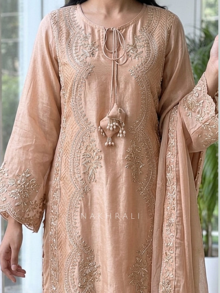 Sehar Peach Suit Set With Zardozi Pitta Work & Pearl Embellishments