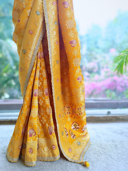 Anant Bindu Yellow Bandhani Print Saree with Sequin Border