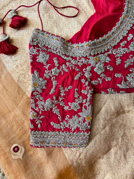 Kanika Golden Saree with Contrast Embroidered Blouse Work