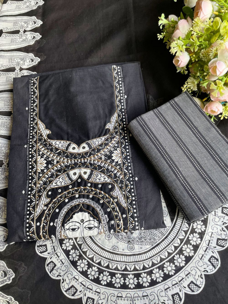 Image of Cynera Black Cotton Dress Material with Madhubani Art Print