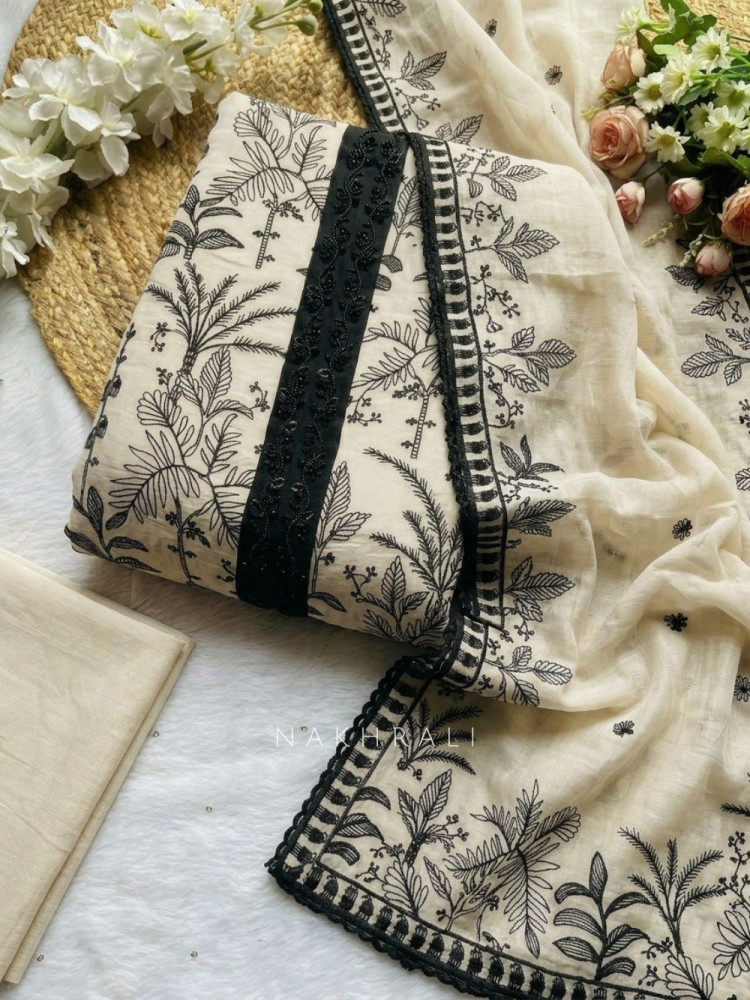 Image of Norelle Black Botanical Printed Dress Material with Lace Detail
