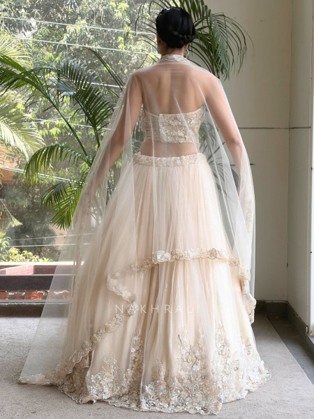 Cazelle Off White Net Indo Western Lehenga with Beads and Sequin Work