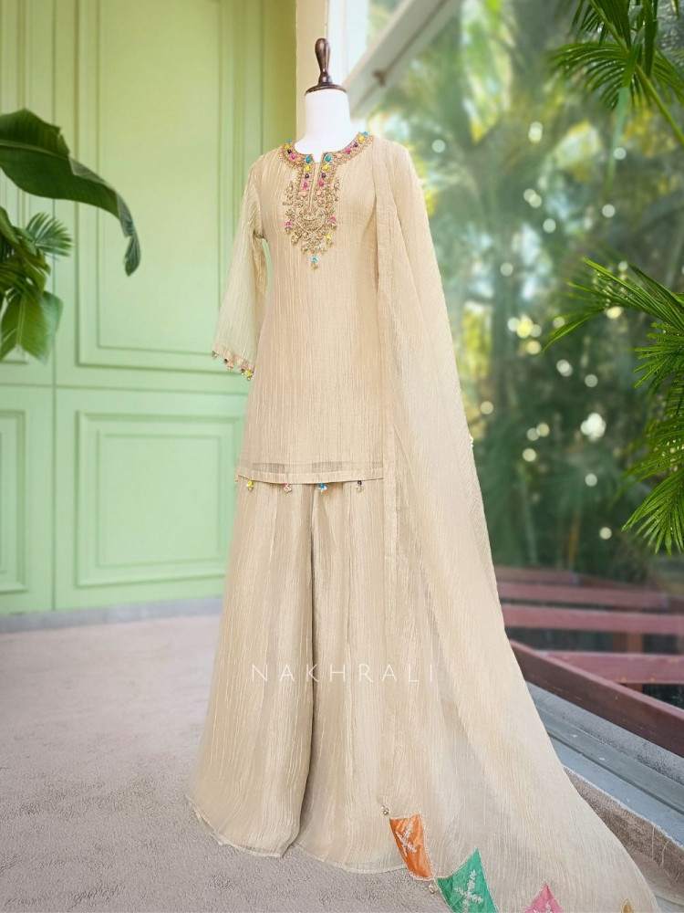 Image of Meherza Cream Embroidered Kurta Sharara Set with Dupatta