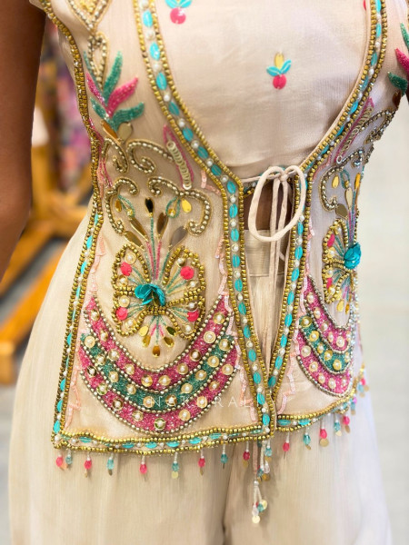 Sorella Beige Indo-Western Sharara Set with Beads Sequin Work