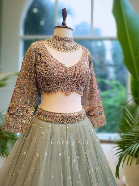 Emerald Grace Sea Green Net Lehenga with Embroidery & Zari Work