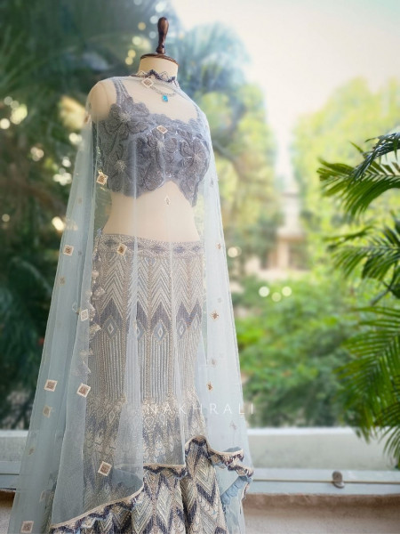 Celestia Silver Mermaid Indo-Western Lehenga with Sequin & Bead Embroidery