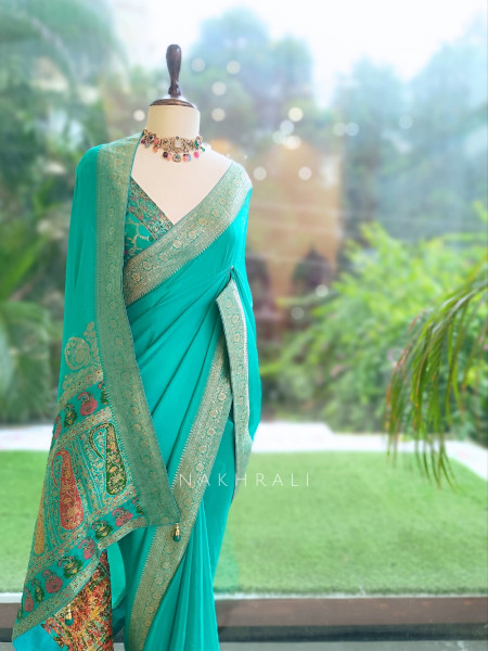 Firoza Rama Green Saree With Zari Border