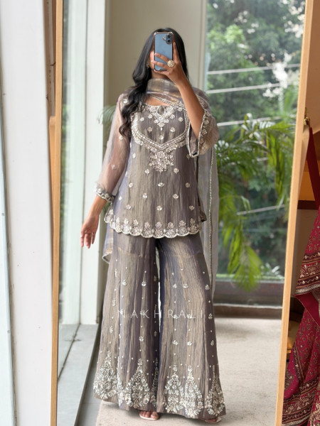 Inara Shimmer Lavender Crushed Organza Gharara Suit Set