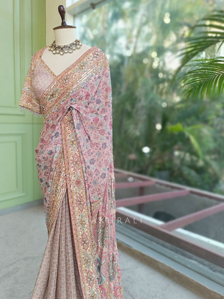 Riyaasat Cream Saree with Pastel Print and Sequin Work