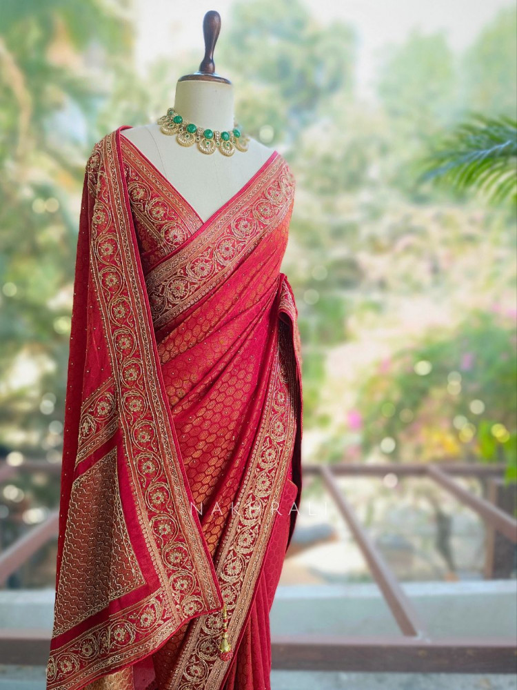 Image of Meheram Maroon Brocade Saree with Zari Work