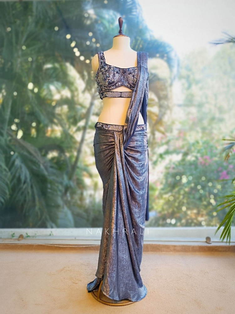 Image of Midnight Tide Blue Drape Saree with Corset Blouse