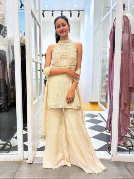Seren Beige Kurta Palazzo Set with Sequin Cut Dana Work