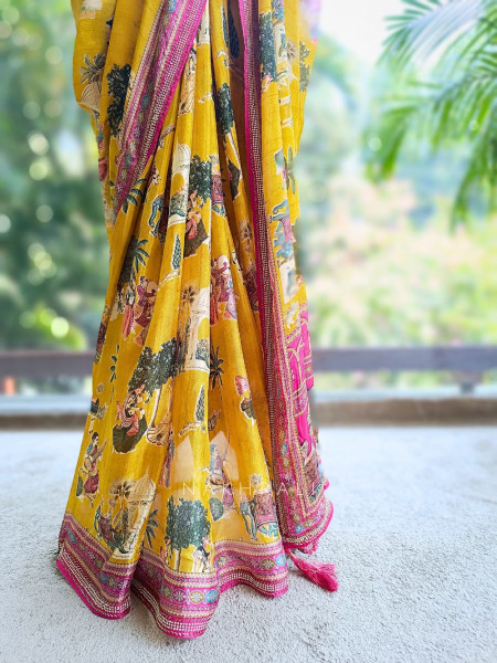 Nerix Mustard Printed Saree with Scenic Motif Border