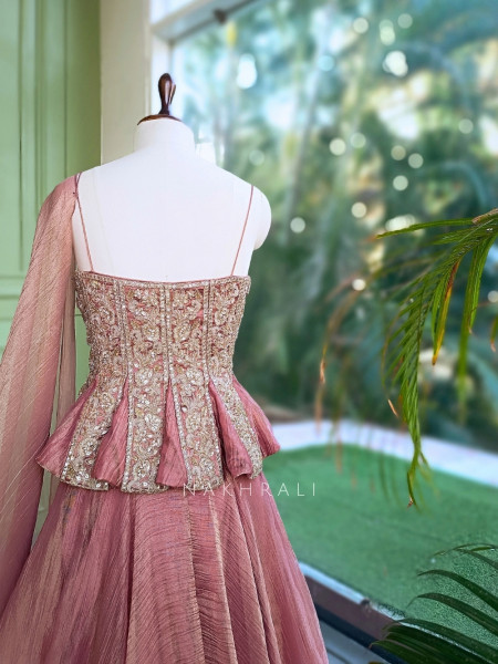 Bespoke Bloom Onion Pink Crushed Shimmer Tissue Fusion Lehenga