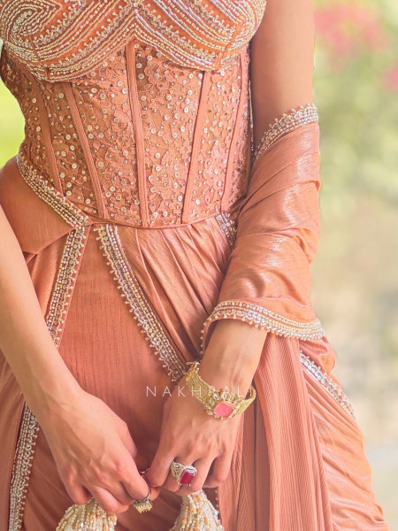 Noir Diva Peach Drape Saree with Sequin and Cut Dana Work