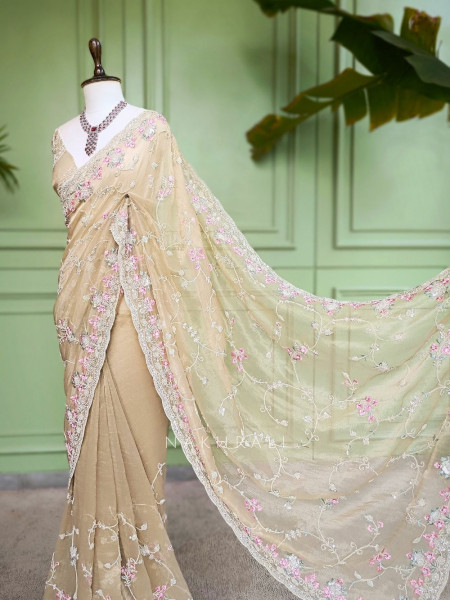 Sorelle Beige Organza Saree with Cut Dana Embroidery