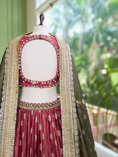 Vrishti Red Crinkle Silk Lehenga Set With Kundan Zardosi Work