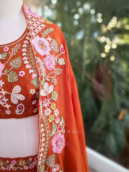 Ira Orange Embroidered Crop Top Skirt Set with Cape Dupatta