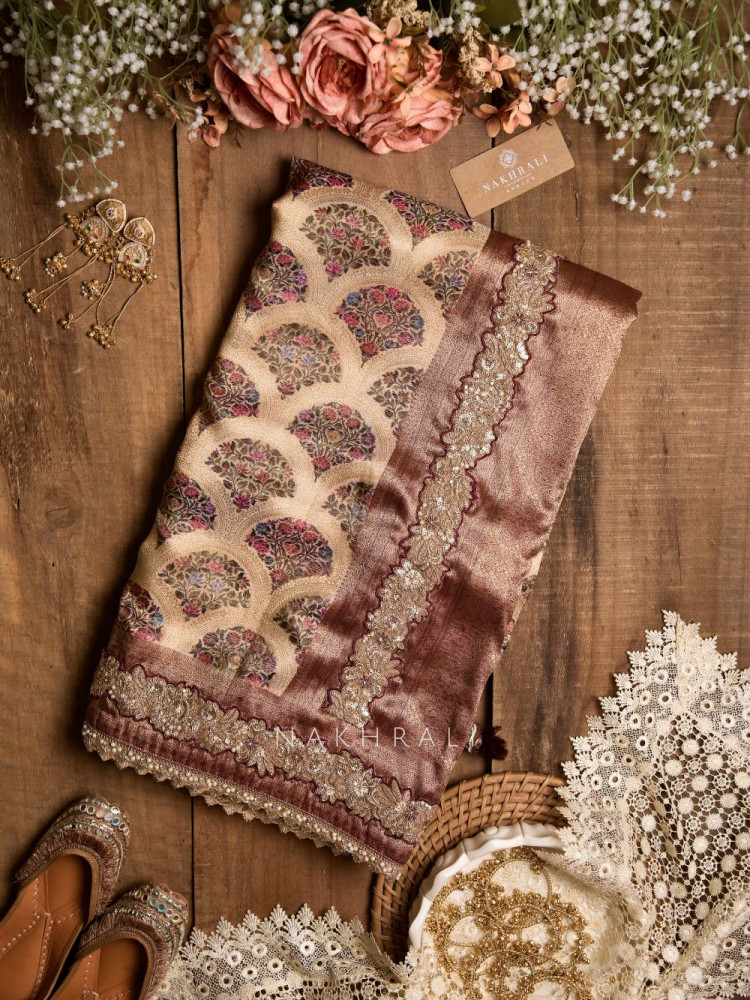 Image of Vaidehi Beige Silk Saree with Gota Border Work