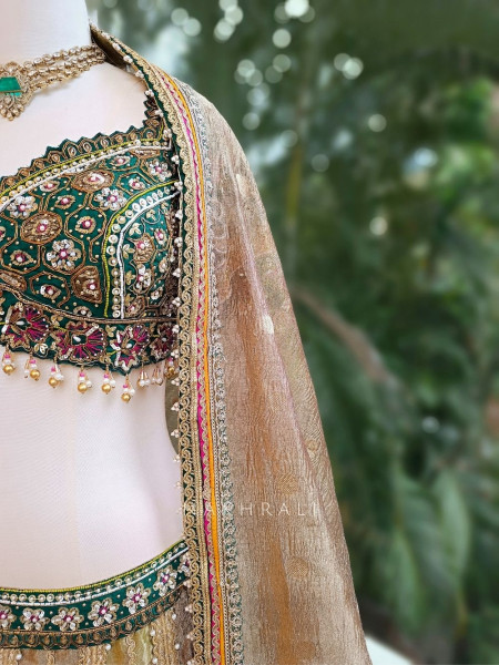 Ruhani Olive Green Velvet Zari Sequin Lehenga