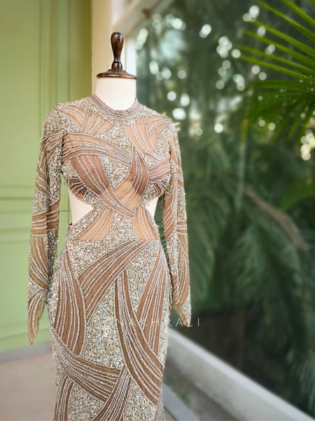 Aurora Brown Net Gown with Heavy Embroidery Work