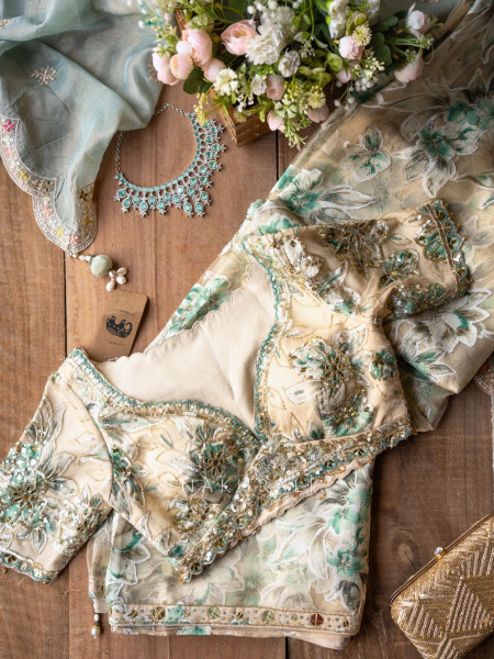 Lily Meadow Cream  Saree with Sequin Floral Work