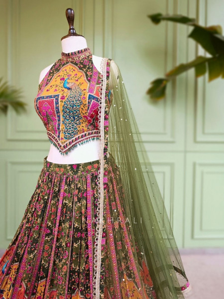 Gulnaar-e-Ishq Mehendi Green Peacock Print Halter Neck Lehenga Set
