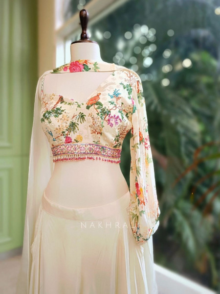 Ethereal Cream Crop Top Palazzo Set with Floral Work