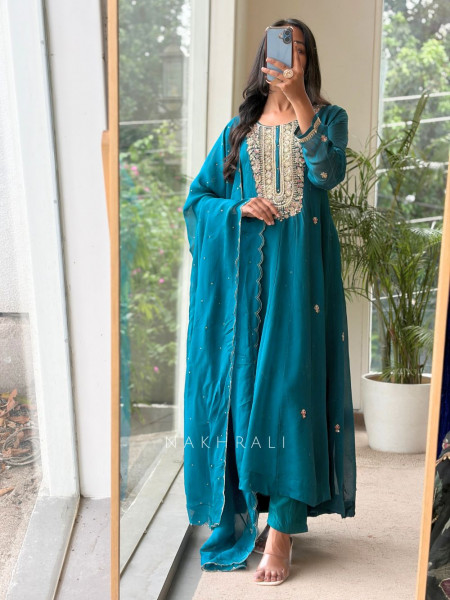Firdaus Scallop Teal Blue Anarkali Suit Set