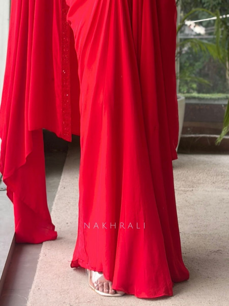 Alisha Draped Red Indo-Western Crop Top Skirt Set