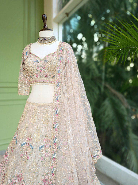 Amira Cream Embroidered Net Lehenga with Sequin Work