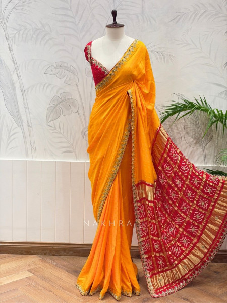 Verdant Red & Mustard Bandhej Saree Zari Border Work