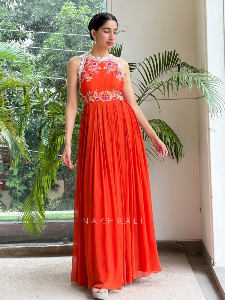 Zariana Zest Orange Georgette Long Dress