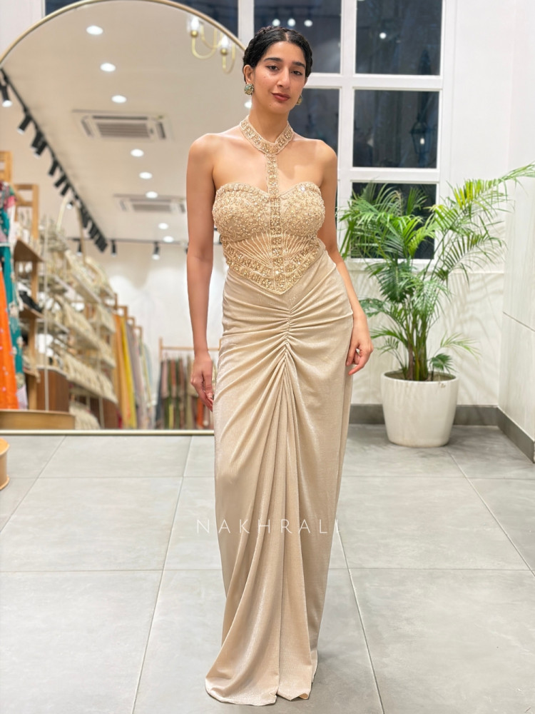 Image of Glamour Beige Mesh Net &amp; Lurex-Blend Crepe Indo-Western Crop Top Skirt Set