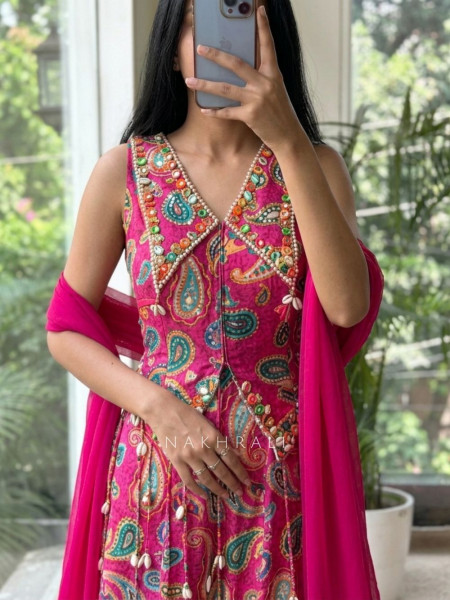 Turquoise Fusion Magenta Crop Top Plazo