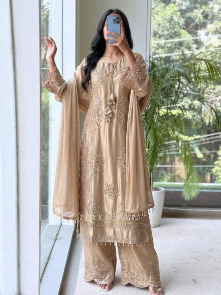 Sehar Beige Suit Set With Zardozi Pitta Work & Pearl Embellishments