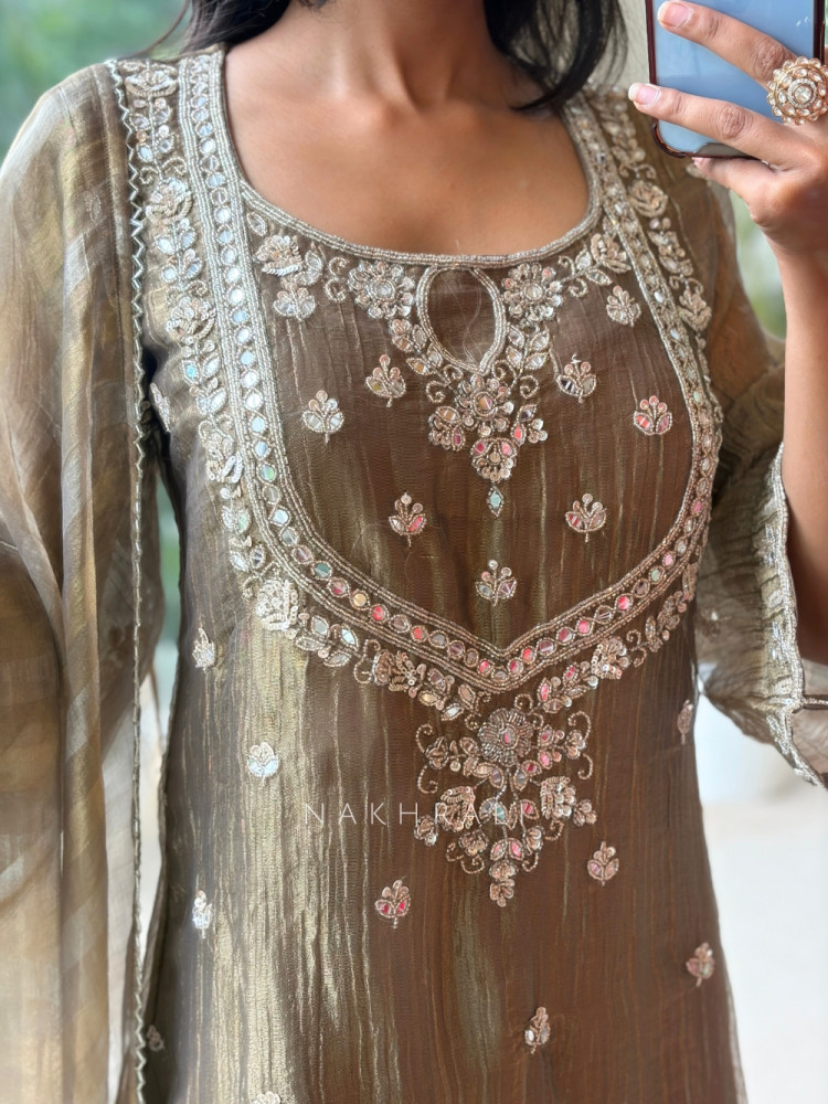 Image of Inara Shimmer Brown Crushed Organza Gharara Suit Set
