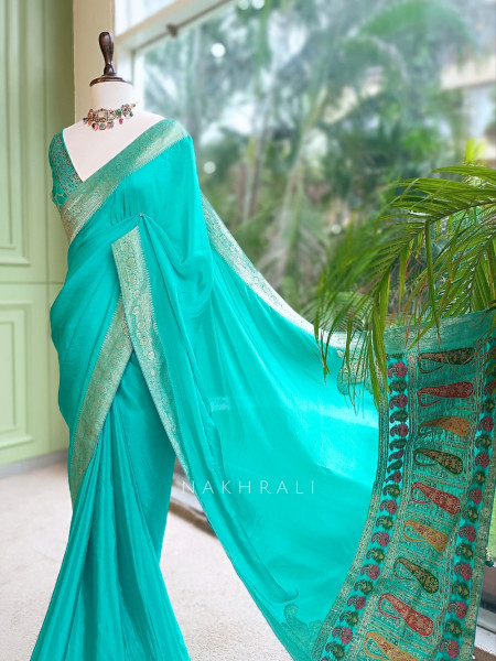 Firoza Rama Green Saree With Zari Border