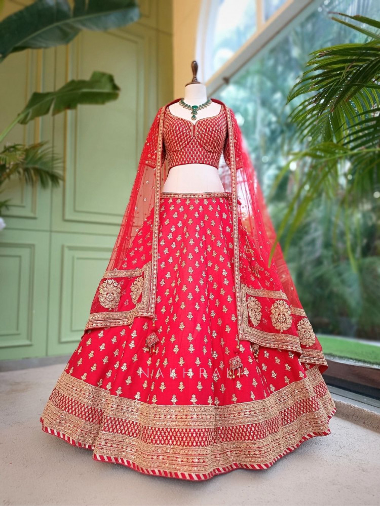 Image of Royal Vermilion Red Raw Silk Bridal Lehenga