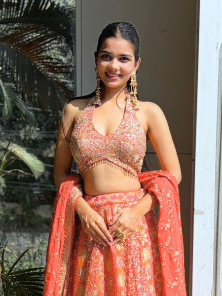 Ruhani Orange Brocade Lehenga with Zari and Sequin Work
