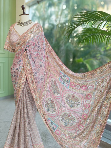 Riyaasat Cream Saree with Pastel Print and Sequin Work