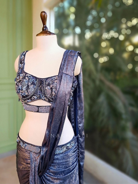 Midnight Tide Blue Drape Saree with Corset Blouse