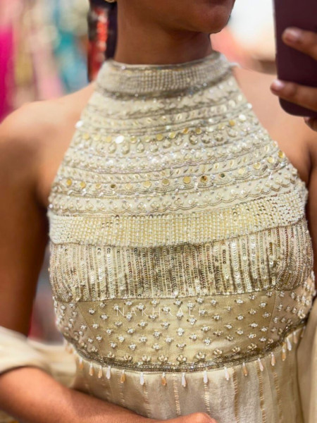 Seren Beige Kurta Palazzo Set with Sequin Cut Dana Work