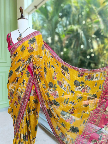 Nerix Mustard Printed Saree with Scenic Motif Border