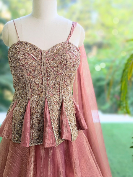 Bespoke Bloom Onion Pink Crushed Shimmer Tissue Fusion Lehenga