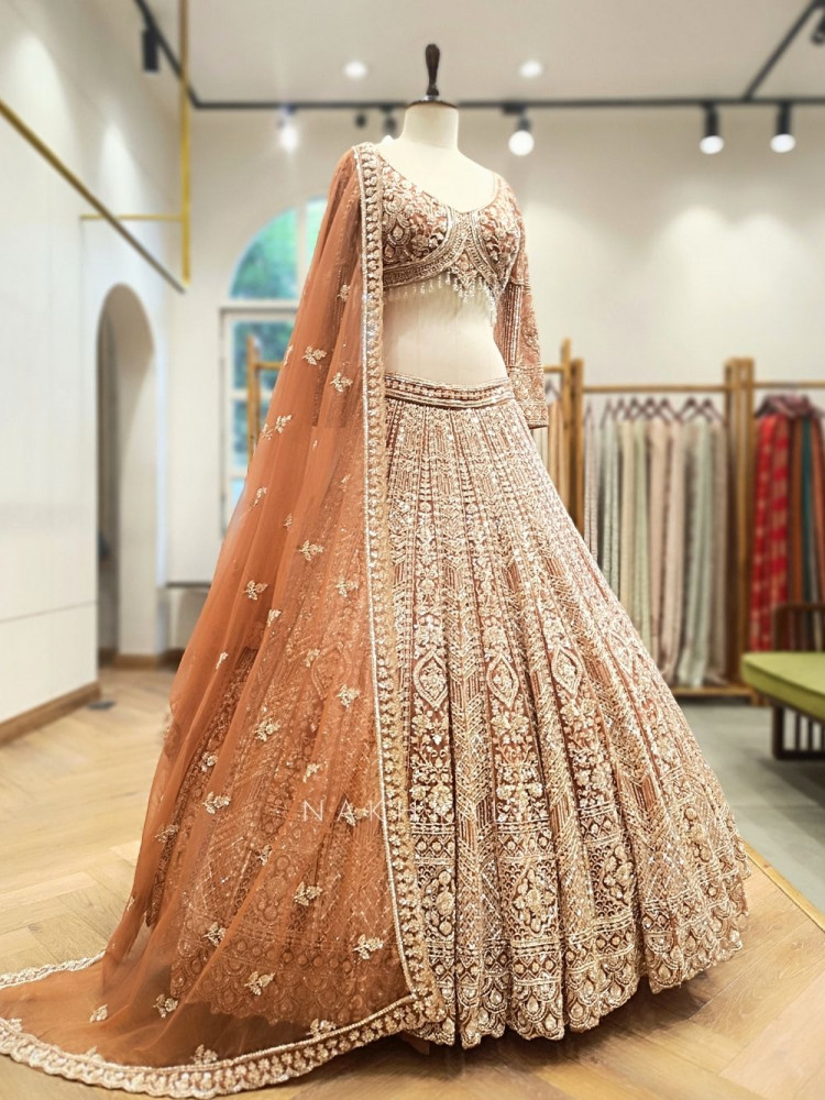 Image of Krynor Peach Lehenga Set with Cut Dana &amp; Sequin Work