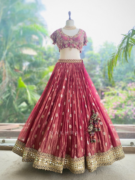 Vrishti Red Crinkle Silk Lehenga Set With Kundan Zardosi Work