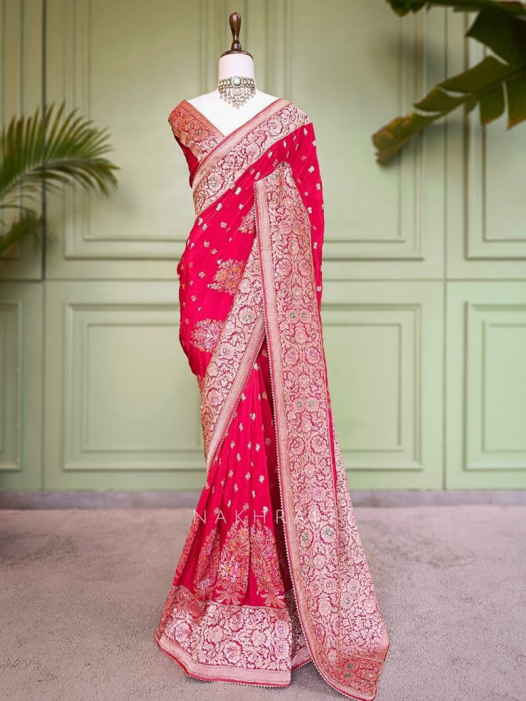 Image of Padmika Red Banarasi Katan Silk Saree with Zari Buti and Meenakari Brocade Pallu