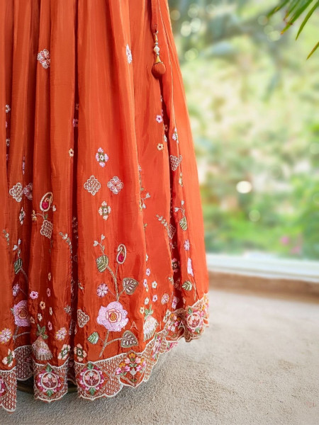 Ira Orange Embroidered Crop Top Skirt Set with Cape Dupatta