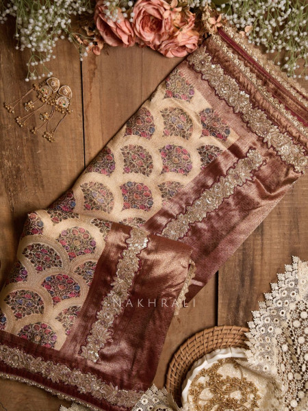 Vaidehi Beige Silk Saree with Gota Border Work